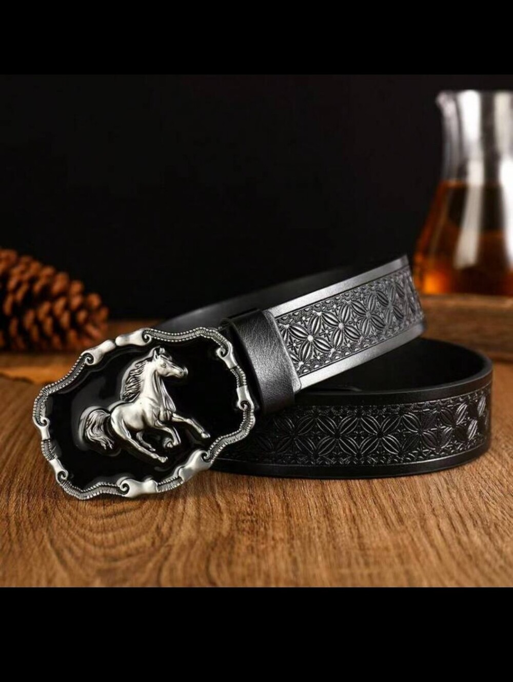 Western Cowboy Black Leather Belt with Decorative Horse Buckle - Picture 8 of 10